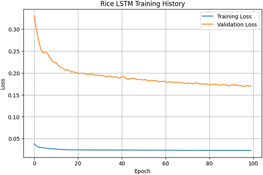 A line graph showing the training and validation loss of a rice LSTM model over 100 epochs.
