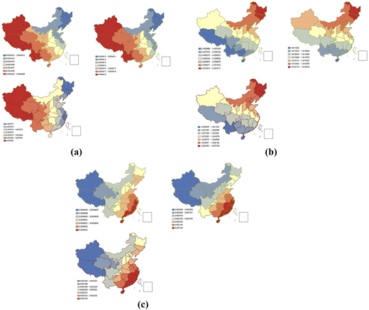 A composite of China maps displaying X 1, X 2, and X 4 regression coefficients using blue to red color scales.