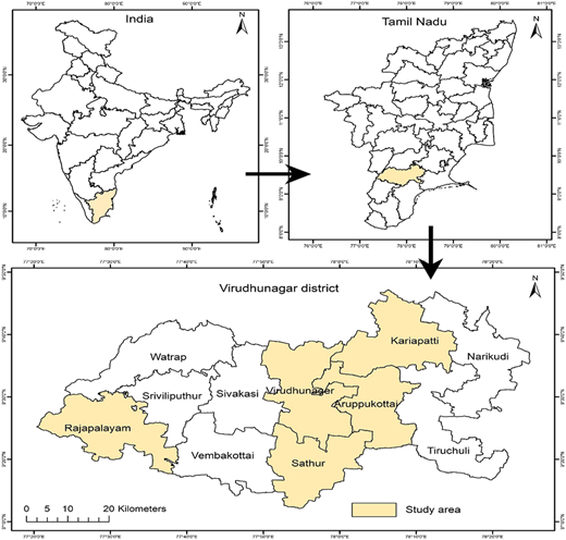 A figure shows three maps showing India, Tamil Nadu, and the Virudhunagar district with shaded areas.