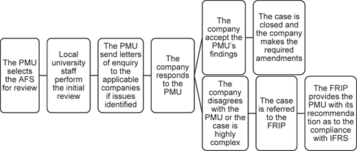 A flowchart outlines the process followed by the P M U in reviewing A F S (annual financial statements).