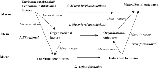 A framework shows macro, meso, and micro levels linking environmental, organizational, and individual factors with outcomes.