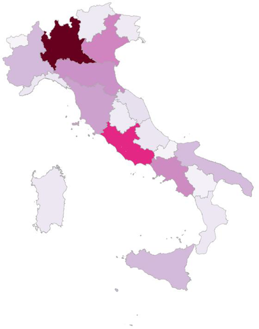 A map of Italy showing varying shades of pink and purple across different regions, with darker areas indicating more significant data representation.