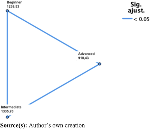 A triangular diagram showing blue connections among beginner, intermediate, and advanced proficiency levels.