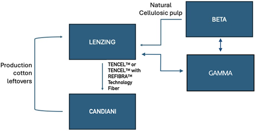A process diagram showing the flow of cotton leftovers and cellulosic pulp through Lenzing, Candiani, Beta, and Gamma, forming a fibre production and collaboration cycle.