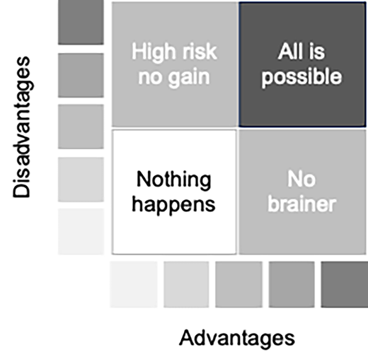 A quadrant matrix relates increasing advantages and disadvantages to 4 possible project outcomes.