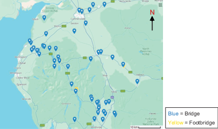 A map shows Cumbrian bridges affected by the 2015 floods with blue for bridge and yellow for footbridge and north arrow.