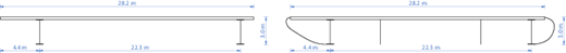 Two bridge deck cross-section schematics showing deck widths, support spacing and overall structural depth measurements.