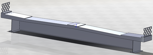 Three-dimensional rendering of a bridge deck model with perforated end panels and stepped upper deck surfaces.