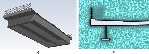 Two-part showing a bridge deck model and a computational mesh surrounding the bridge cross-section.