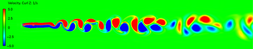 Flow visualisation showing vortex shedding and wake development downstream of a body with curl Z values ranging from negative 5.0 to 5.0 per second.