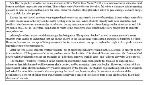 An academic article, illustrating a first-grade classroom activity on prosocial behavior and bucket filling.