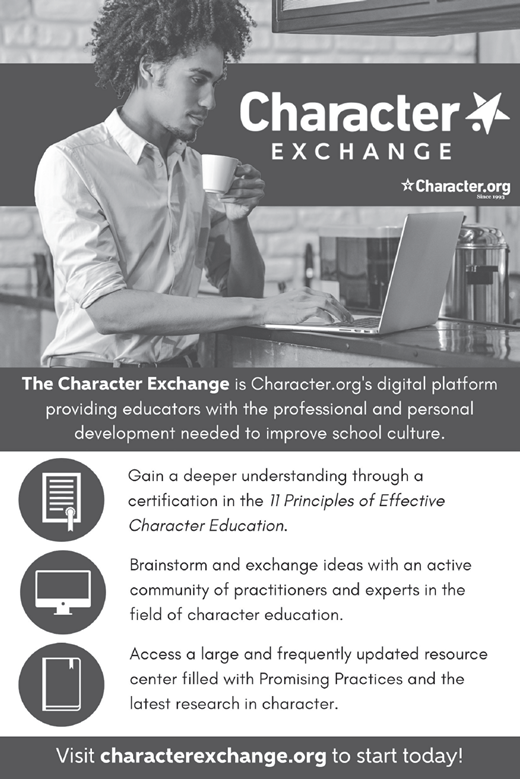 Illustration of an educator using a laptop, promoting Character.org’s digital platform, The Character Exchange, for professional development in character education. Includes text and icons highlighting platform features.