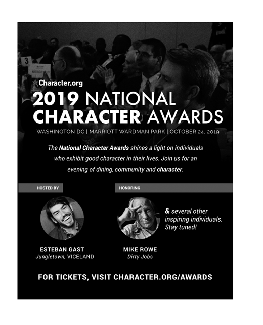 Poster for the 2019 National Character Awards featuring hosts Esteban Gast and Mike Rowe, honoring individuals with good character.