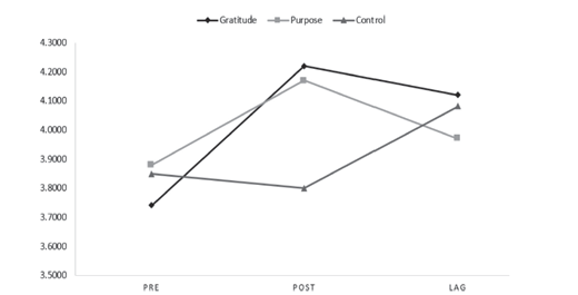 Line graph illustrating changes in searching for purpose across Pre, Post, and Lag time points for Gratitude, Purpose, and Control conditions.