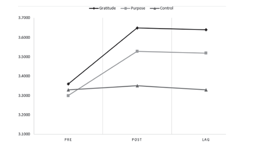 Line graph showing changes in identified purpose across Pre, Post, and Lag timepoints for Gratitude, Purpose, and Control conditions.