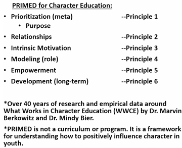 A list titled PRIMED for Character Education with six principles labeled Principle 1 to Principle 6.