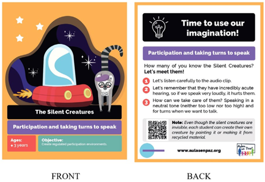 Three sets of illustrated front and back cards showing activities for emotion regulation, conflict resolution, and participation skills to support social and emotional learning in the classroom.