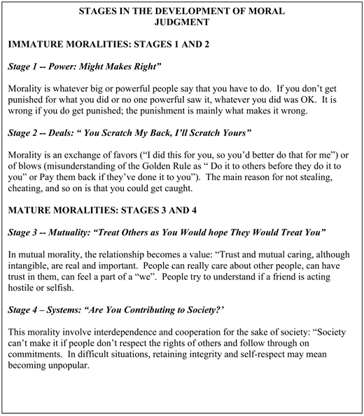 A text document titled STAGES IN THE DEVELOPMENT OF MORAL JUDGMENT.