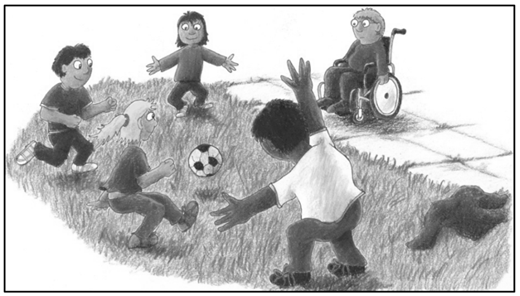 An illustration of five children playing soccer and one child sitting in a wheelchair watching from the sidewalk.