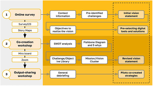 A three stage workflow chart linking surveys, workshops, analysis steps, and vision outputs.