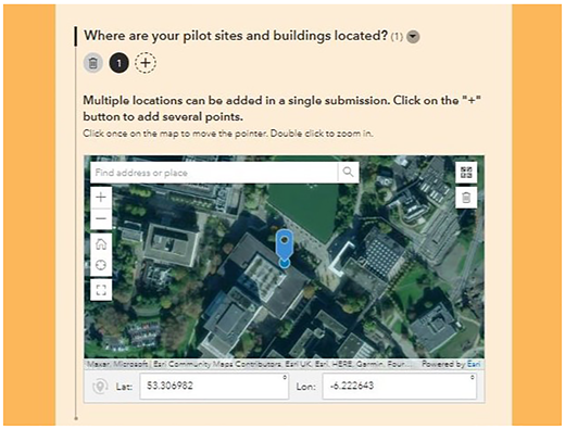 A location survey form with map interface, marker pin, search bar, and coordinates.