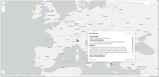 A Europe map interface with marked sites and an open information popup.