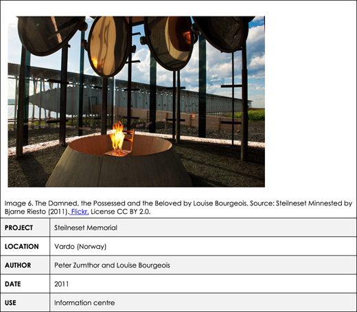 A table with a photo showing a large, rounded sculpture with a fire inside and curved metallic panels.
