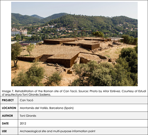 A table with a photo shows the Roman site Can Tacó's ruins and the surrounding landscape.