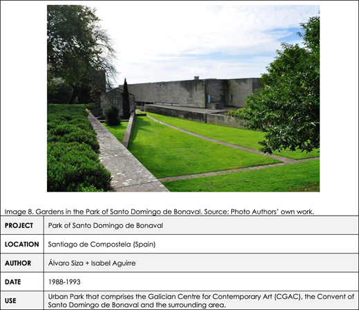 A table with a photo shows a garden in the Park of Santo Domingo de Bonaval with a stone wall.