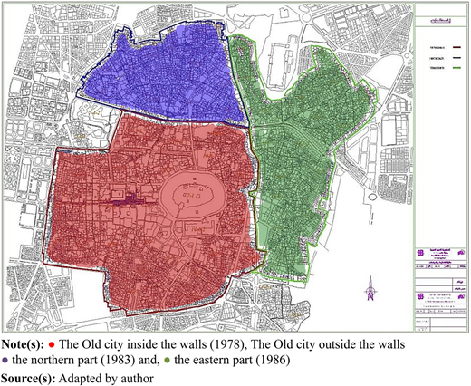 A city map divided into three color-shaded zones showing distinct urban areas within a continuous street network.