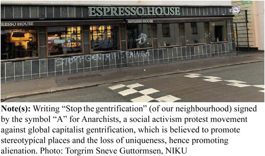 A photograph shows the façade of “ESPRESSO HOUSE” with graffiti reading “STOPP GENTRIFIERINGA” sprayed across the lower wall.