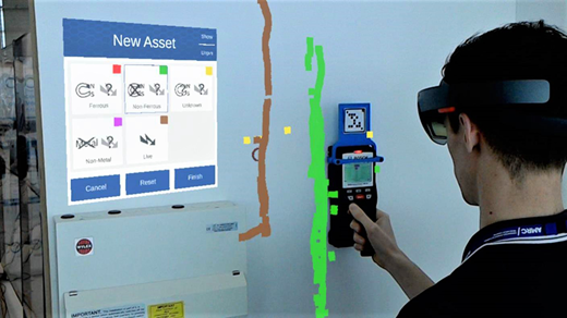 An example of data capture with a Microsoft Hololens headset and a Bosch D-Tect handheld wall scanner Refer to the image caption for details.