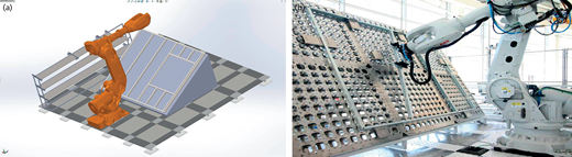 Digital model of a robot cell for assembling light-gauge steel framing (a) and robot placing C-sections on a pegboard (b) Refer to the image caption for details.