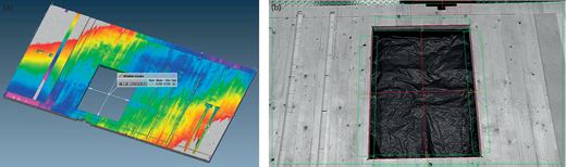 Colour heat map of scanned deviations in the timber wall panel (a) and image assessment to check opening positions (b) Refer to the image caption for details.