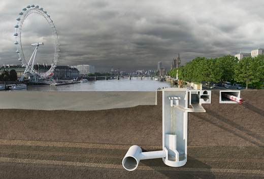 A diagram shows a cross-section of a river landscape featuring the London Eye, with underground infrastructure highlighted, illustrating water flow and drainage systems.