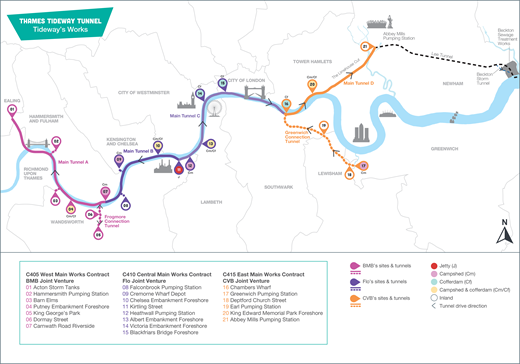 A map of the Thames Tideway Tunnel project, showing key sites, tunnel pathways, and construction works locations along the Thames river in London.