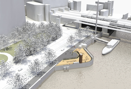 A computer-generated image shows a riverside area with trees, a pathway, and a boat. There are people engaged in various activities near the water.