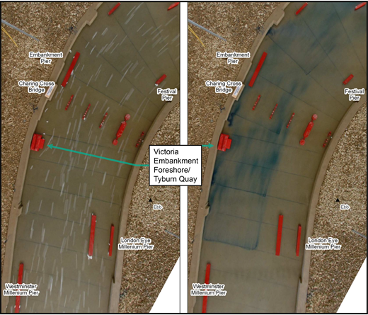 A comparative aerial view of the Victoria Embankment foreshore, showing piers and landmarks on both sides of the River Thames with annotations for locations.