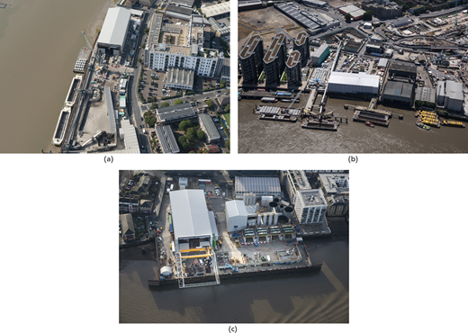 Aerial views of three locations related to construction and waterway access, showing buildings, docks, and surrounding infrastructure.