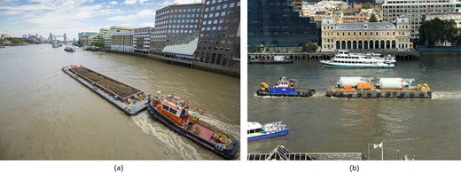 Two images show barges on a river, one carrying soil and the other transporting large cylinders, with various boats in the background.