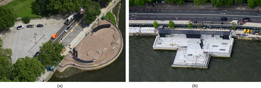 Aerial images of two locations near a river. The left image shows a park-like area with vehicles. The right image features a platform by the water with various structures.