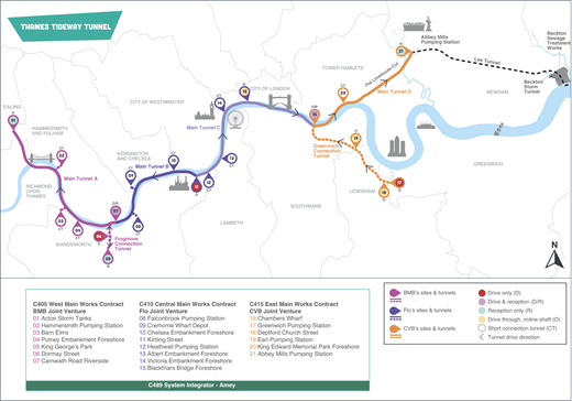 A map showing the Thames Tideway Tunnel route includes notable locations, main tunnels, and site codes associated with construction areas in London.