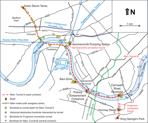 Map showing the location of Acton Storm Tanks, Hammersmith Pumping Station, and tunnels related to the Thames water system, with roads and landmarks depicted.