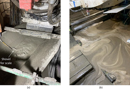 Two images show a concrete mixing area with machinery. The first image includes a shovel for scale, while the second captures mixed concrete flowing.