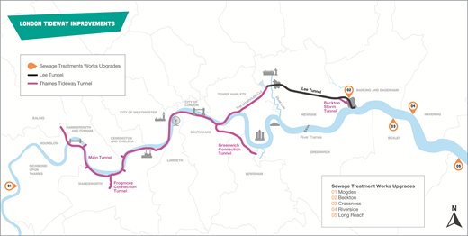 A map shows the London's Tideway Improvements, illustrating the Thames Tideway Tunnel in purple and Lee Tunnel in black, with sewage treatment upgrades marked at various locations.
