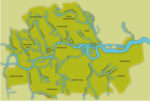 Map of London showing rivers and brooks, with labelled areas including Waterloo, Islington, and Woolwich amongst others, highlighted with dotted lines and distinct waterways.