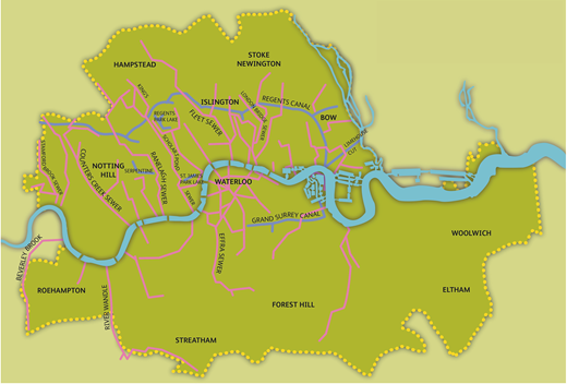 Map of an area featuring waterways, places, and sewer lines, with highlighted details for various locations in London.