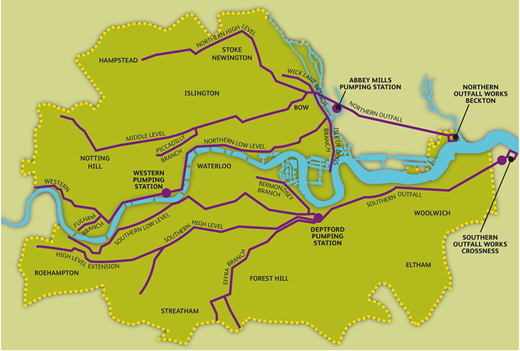 A map of London showing various pumping stations, branches, and outfall works, highlighting the city's drainage infrastructure and layout.