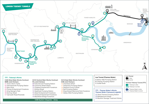 A map depicting the London Tideway Tunnels, highlighting tunnels, pumping stations, and various significant locations along the Thames River, with annotations and a legend for reference.