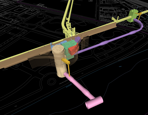 A 3 D architectural model showcasing a structure with various coloured components and tubes, set against a dark background featuring a detailed urban layout.